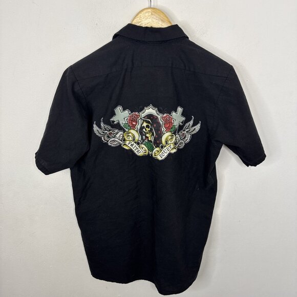 Lucky 13 Men M Short Sleeve Black Button Shirt Faith Doubt Red Kap - Picture 4 of 4